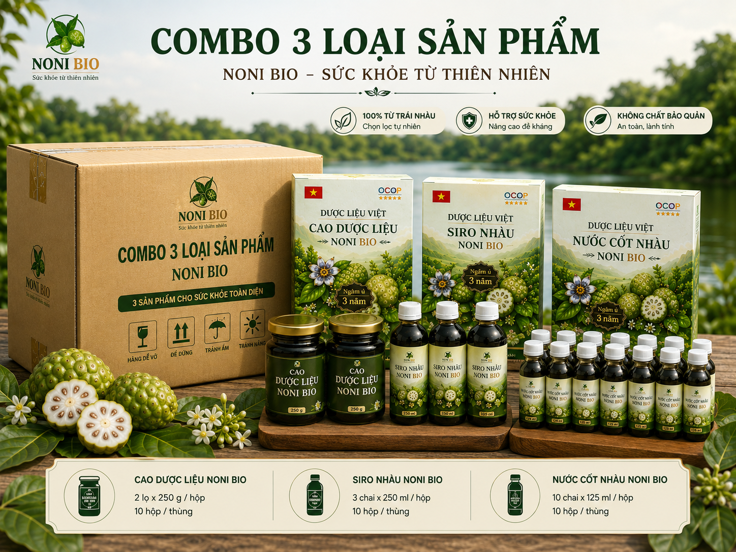 Combo 3 Dòng Sản Phẩm NONI BIO – Cao Dược Liệu, Siro Nhàu và Nước Cốt Nhàu