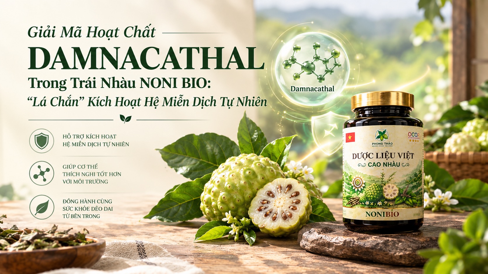 Giải Mã Hoạt Chất Damnacathal Trong Trái Nhàu Noni Bio: "Lá Chắn" Kích Hoạt Hệ Miễn Dịch Tự Nhiên